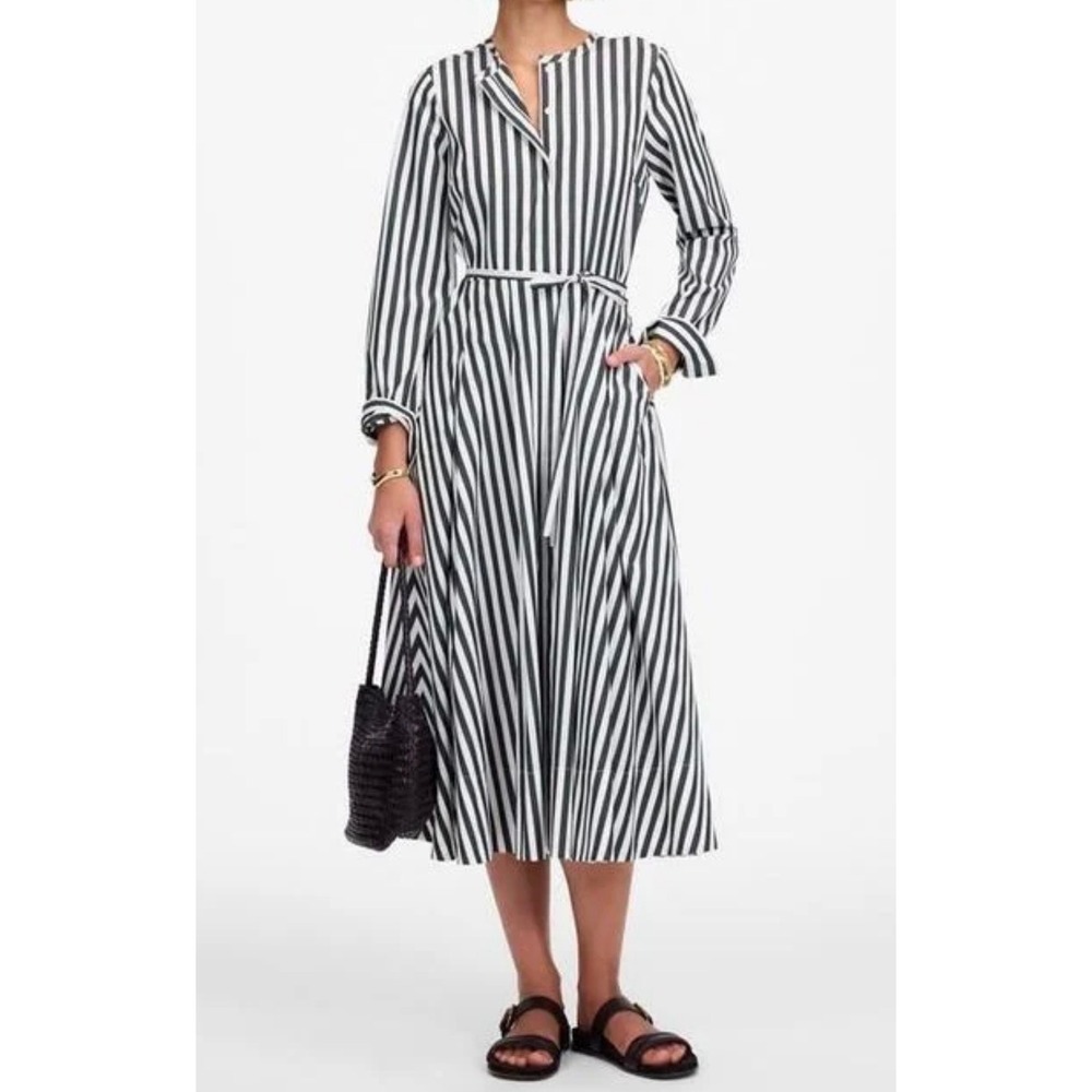Madewell Striped Midi Shirtdress Black White Long Sleeve Belted Pocket Dress 10
